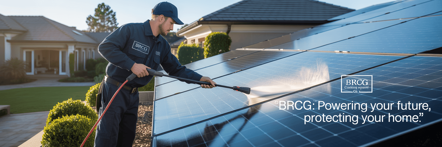 Technician from The Best Roofing Company GA cleaning rooftop solar panels on a North Georgia home using soft-brush and purified water system