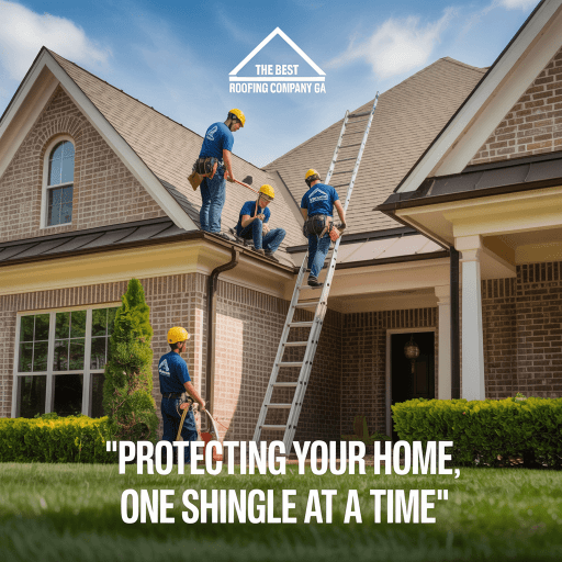 Roofing crew from The Best Roofing Company GA installing new asphalt shingles on a residential home in Dalton, Georgia under clear blue sky